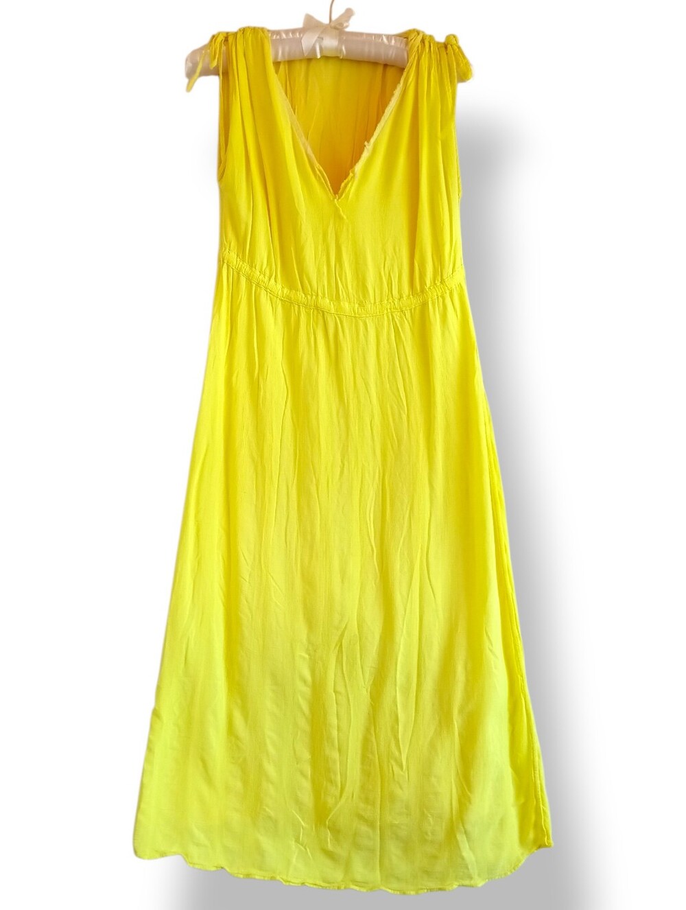 Bright Yellow V-Neck Dress Raw Hem Neon Goddess Vibes Flowy Distressed Cosplay